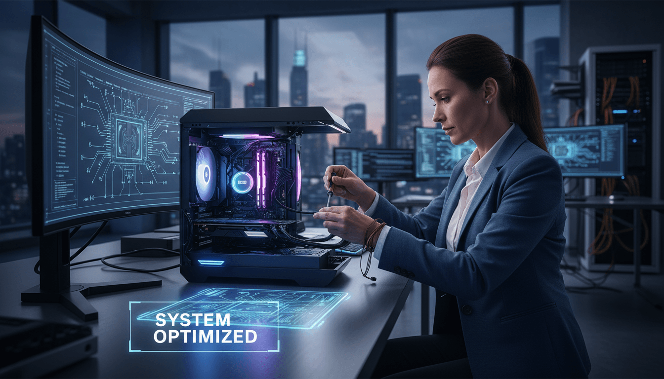 Professionista IT configura un computer in un ufficio moderno